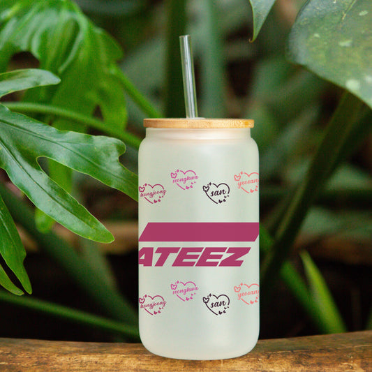 ATEEZ Inspired Frosted Glass Cup with Bamboo Lid - 16 oz