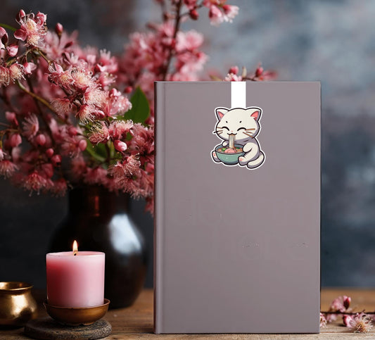 Adorable Cat Eating Ramen Magnetic Bookmark