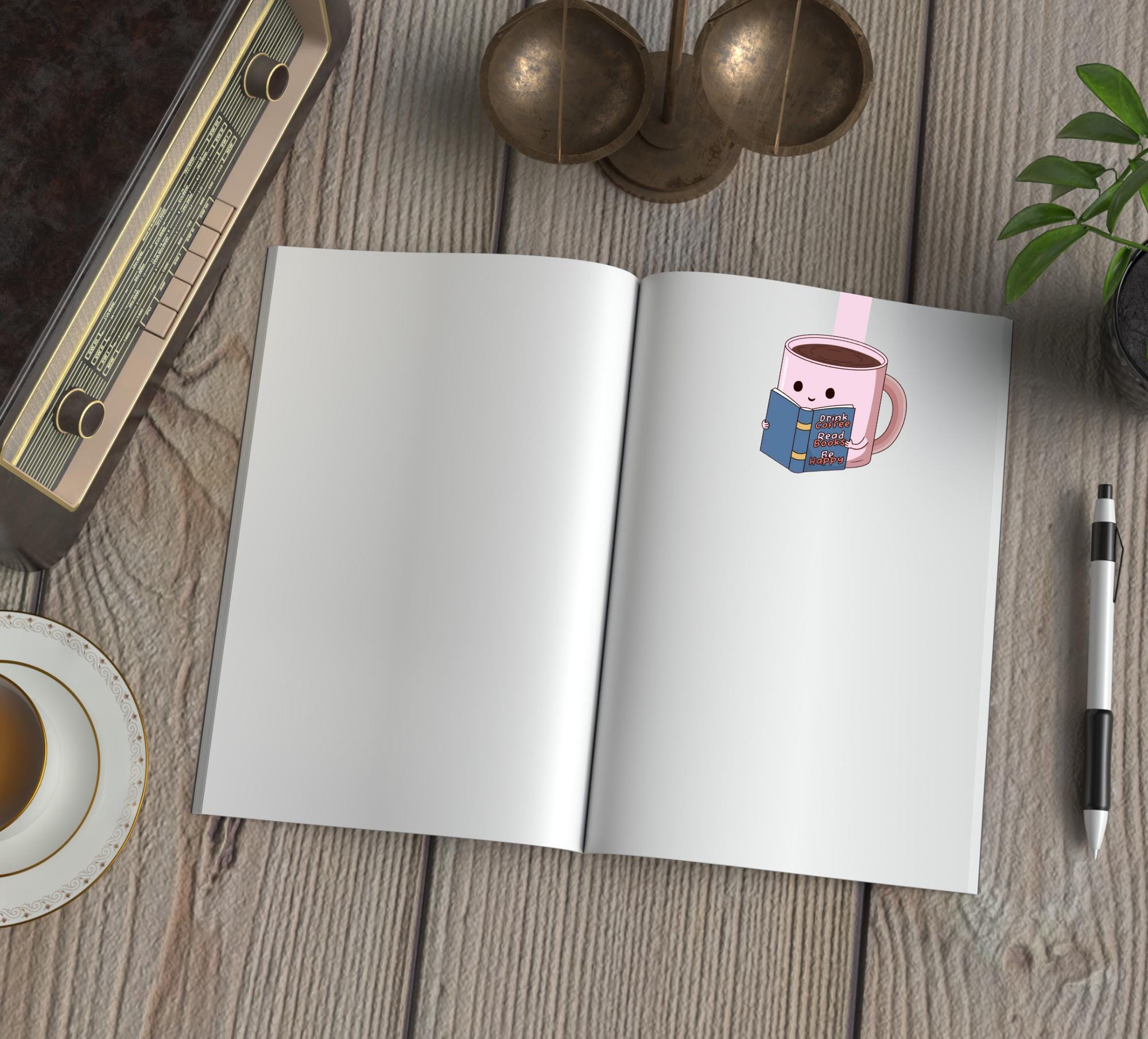 Adorable Coffee Cup Reading Magnetic Bookmark - "Drink Coffee, Read Books, Be Happy"