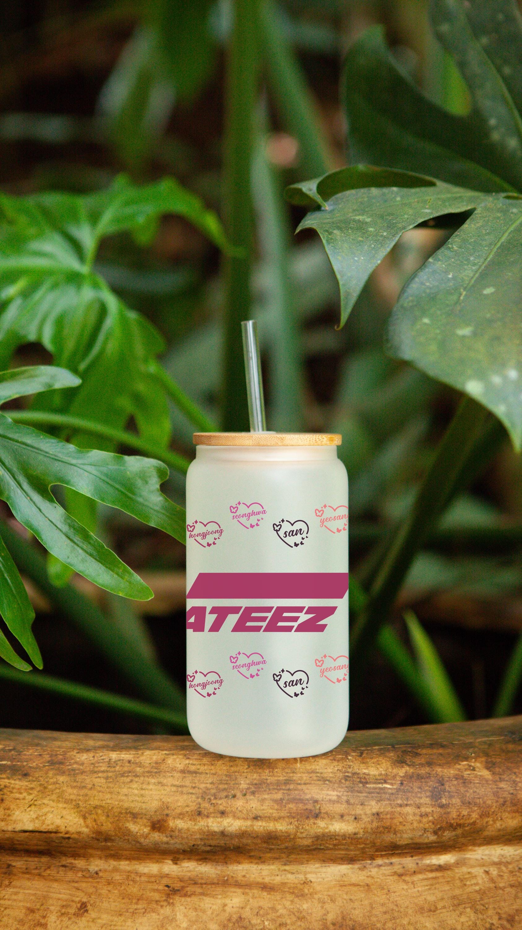 ATEEZ Inspired Frosted Glass Cup with Bamboo Lid - 16 oz