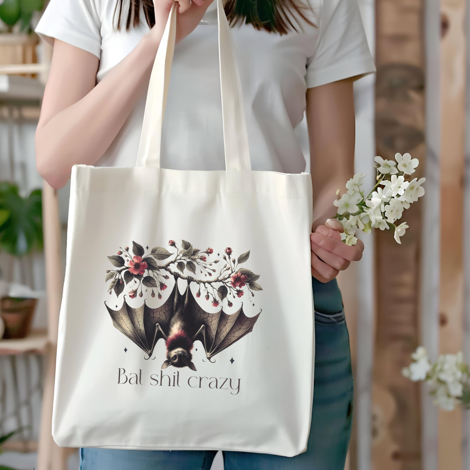 Bat Sh*t Crazy - Floral Gothic Bat Canvas Tote Bag