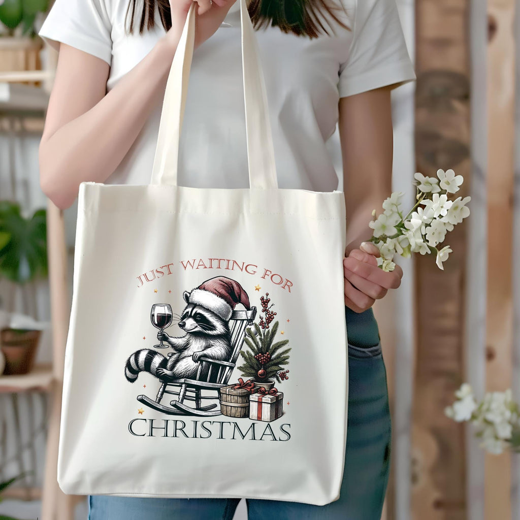 Just Waiting for Christmas - Raccoon Santa Holiday Tote Bag