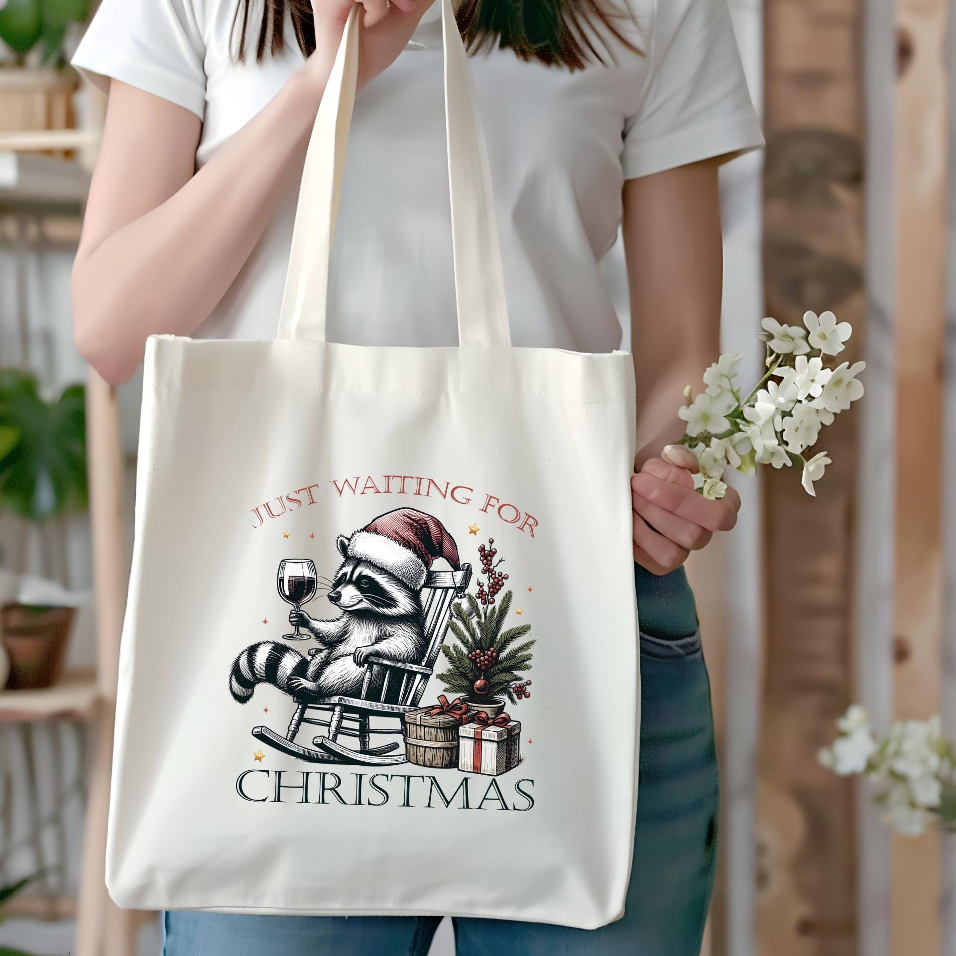 Just Waiting for Christmas - Raccoon Santa Holiday Tote Bag