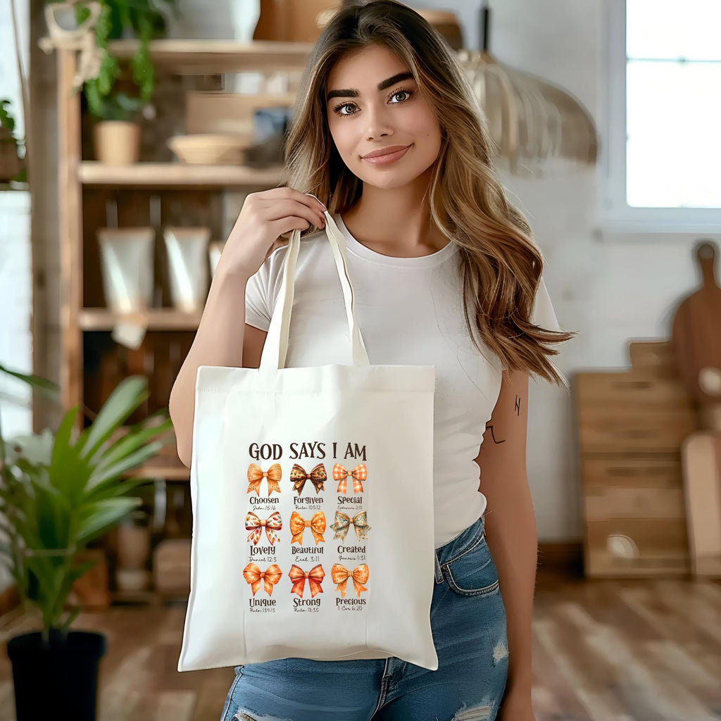 Inspirational Christian Tote Bag - "God Says I Am" Design with Bow Accents