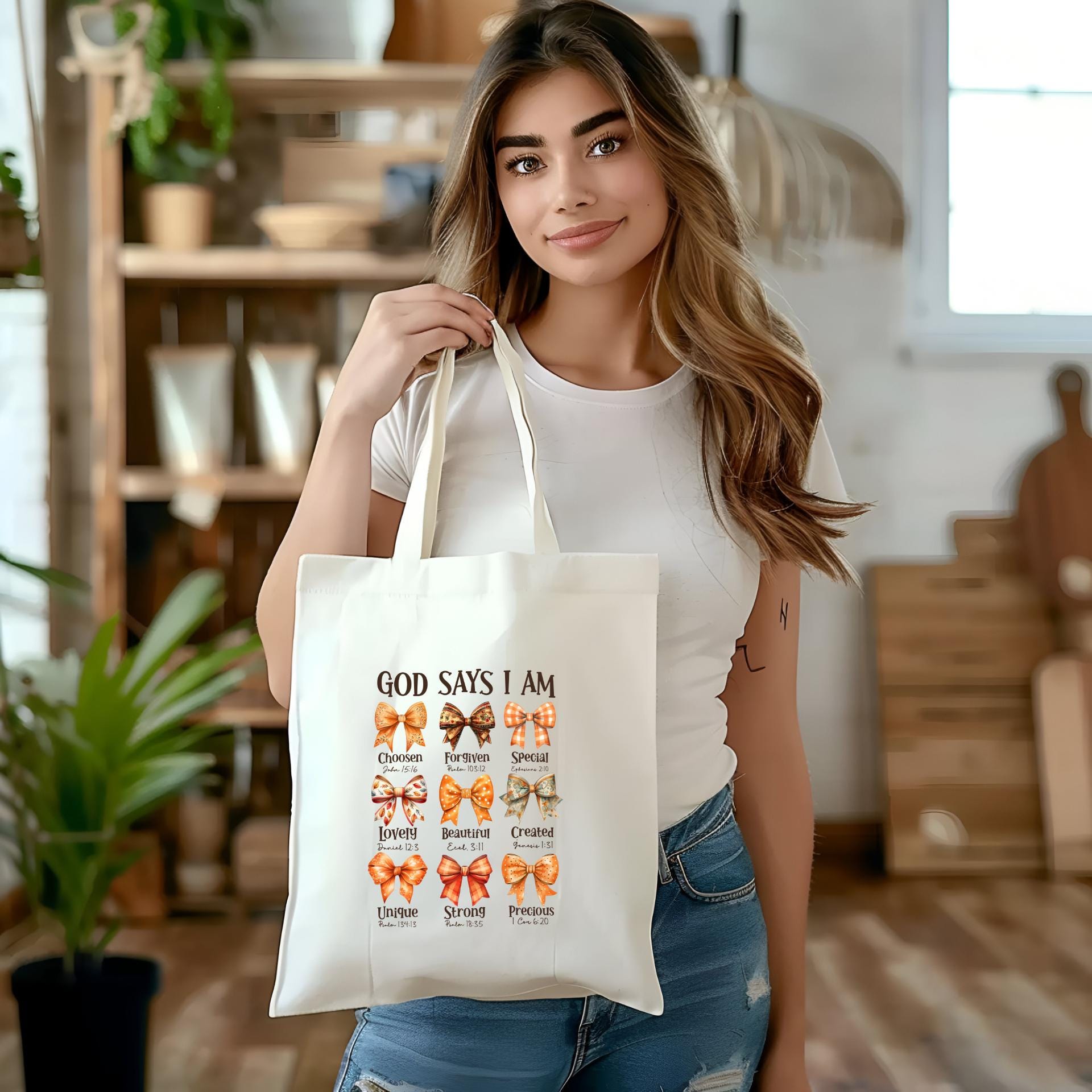 Inspirational Christian Tote Bag - "God Says I Am" Design with Bow Accents