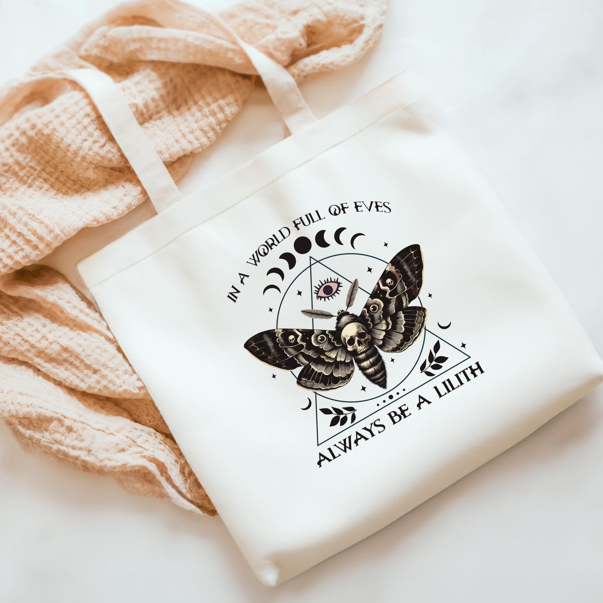 Gothic Moth Tote Bag - "In a World Full of Eves, Always Be a Lilith" Canvas Bag