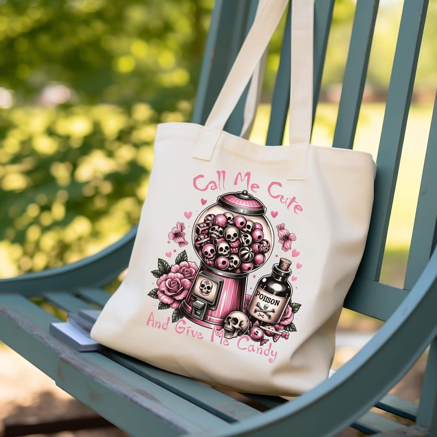 Call Me Cute and Give Me Candy Gothic Pink Skull Gumball Tote Bag