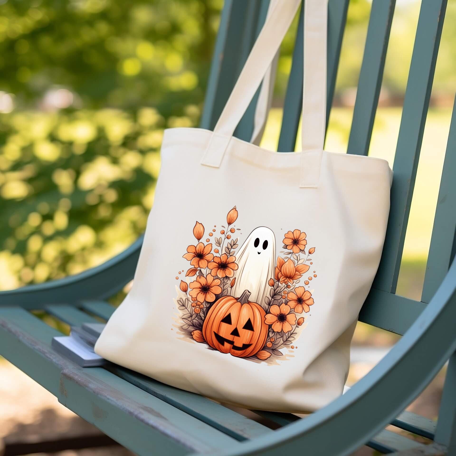 Cute Ghost and Pumpkin Tote Bag - Floral Halloween Canvas Bag