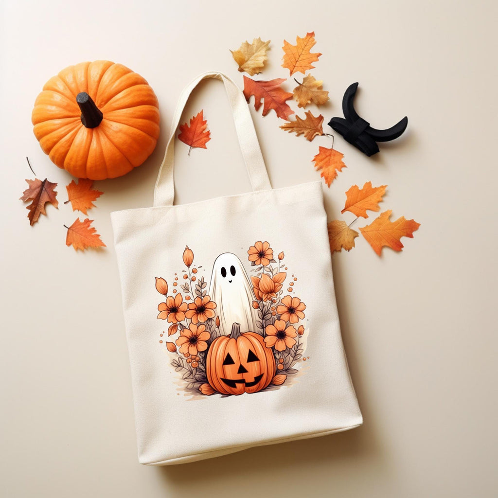 Cute Ghost and Pumpkin Tote Bag - Floral Halloween Canvas Bag