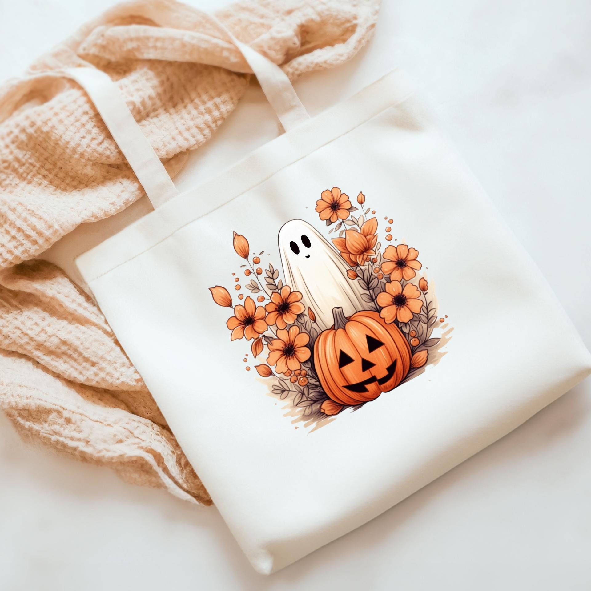 Cute Ghost and Pumpkin Tote Bag - Floral Halloween Canvas Bag