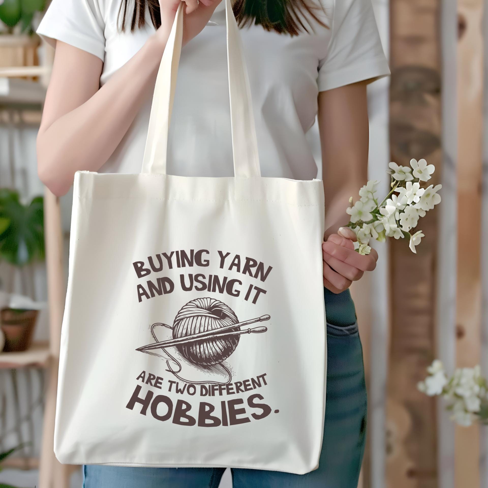 Funny Yarn Enthusiast Tote Bag - 'Buying Yarn and Using It Are Two Different Hobbies'