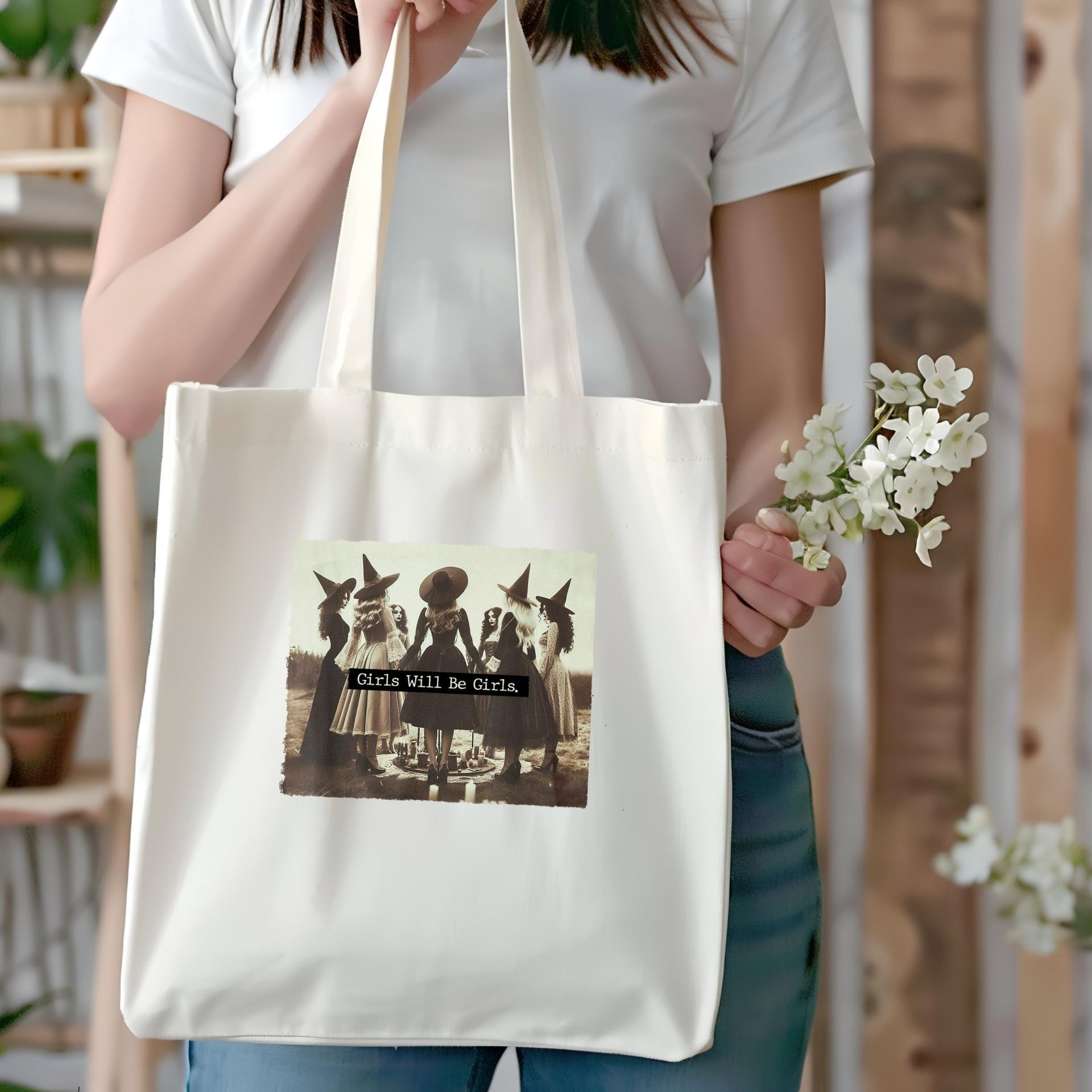 Vintage Witch 'Girls Will Be Girls' Tote Bag