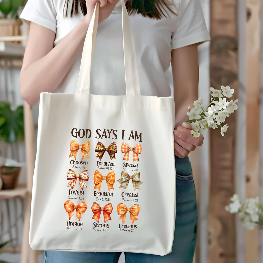 Inspirational Christian Tote Bag - "God Says I Am" Design with Bow Accents