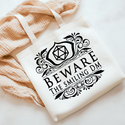 Beware the Smiling DM Tote Bag - D&D Inspired Canvas Bag for Dungeon Masters