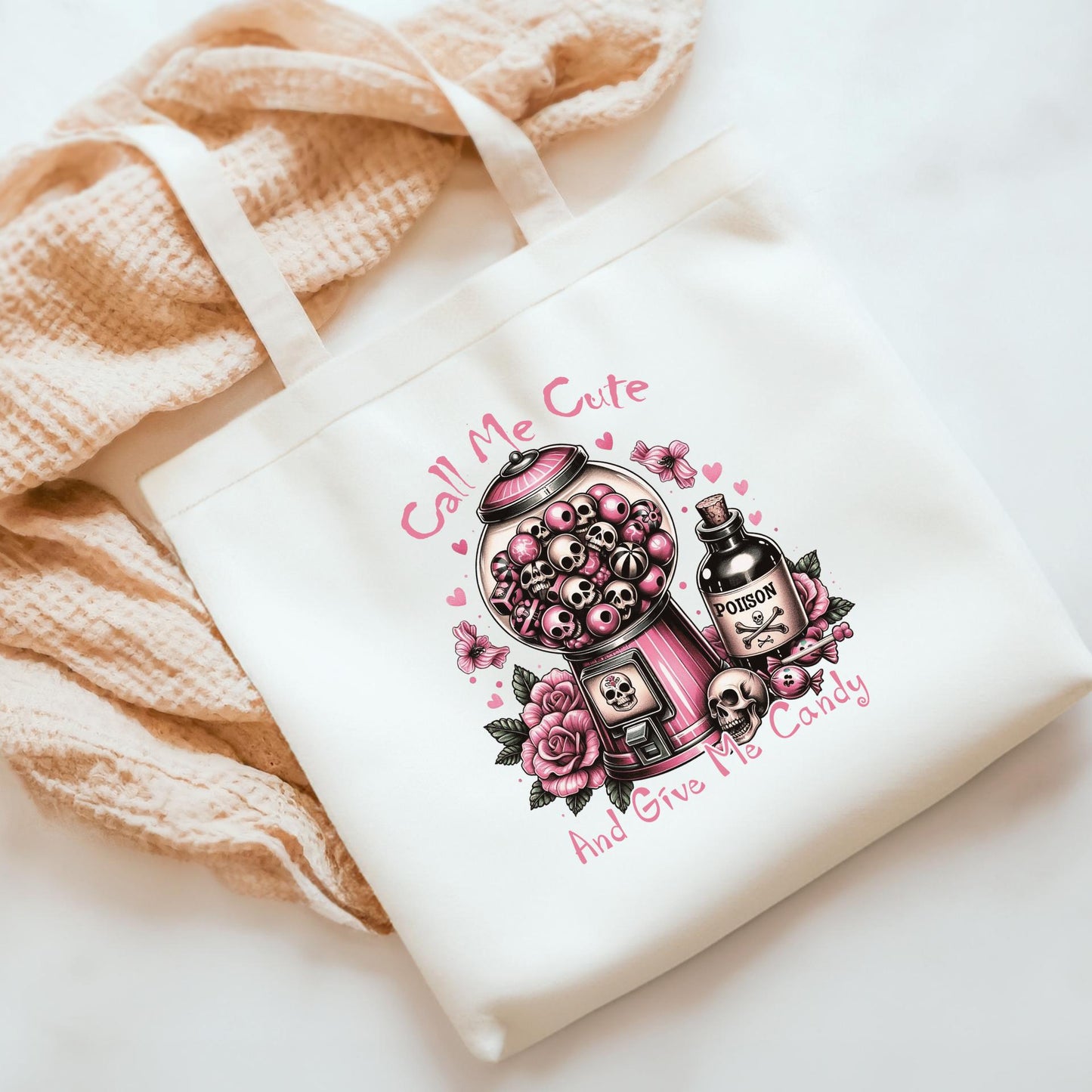 Call Me Cute and Give Me Candy Gothic Pink Skull Gumball Tote Bag