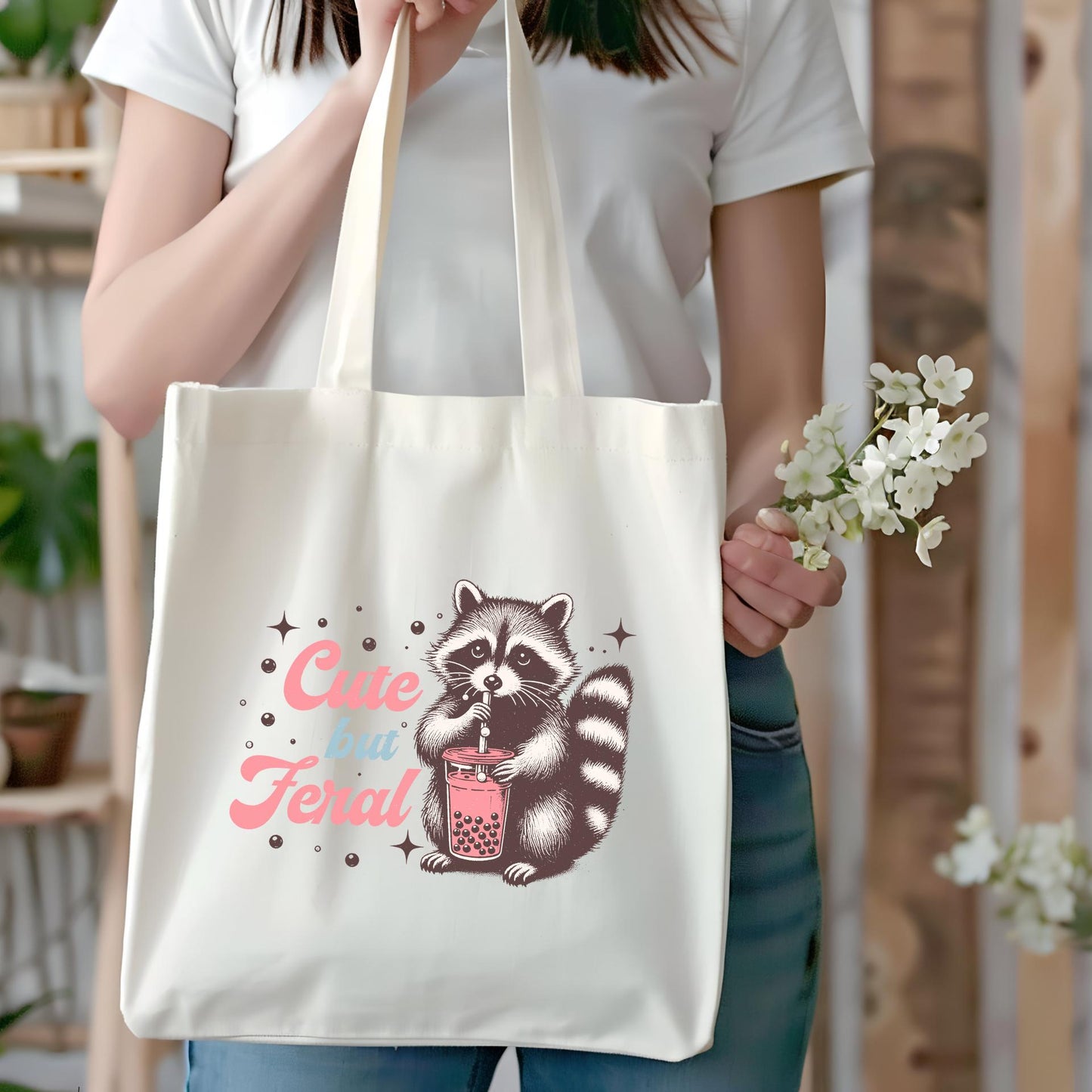 Cute But Feral Raccoon Boba Tea Tote Bag - Funny Animal Canvas Bag