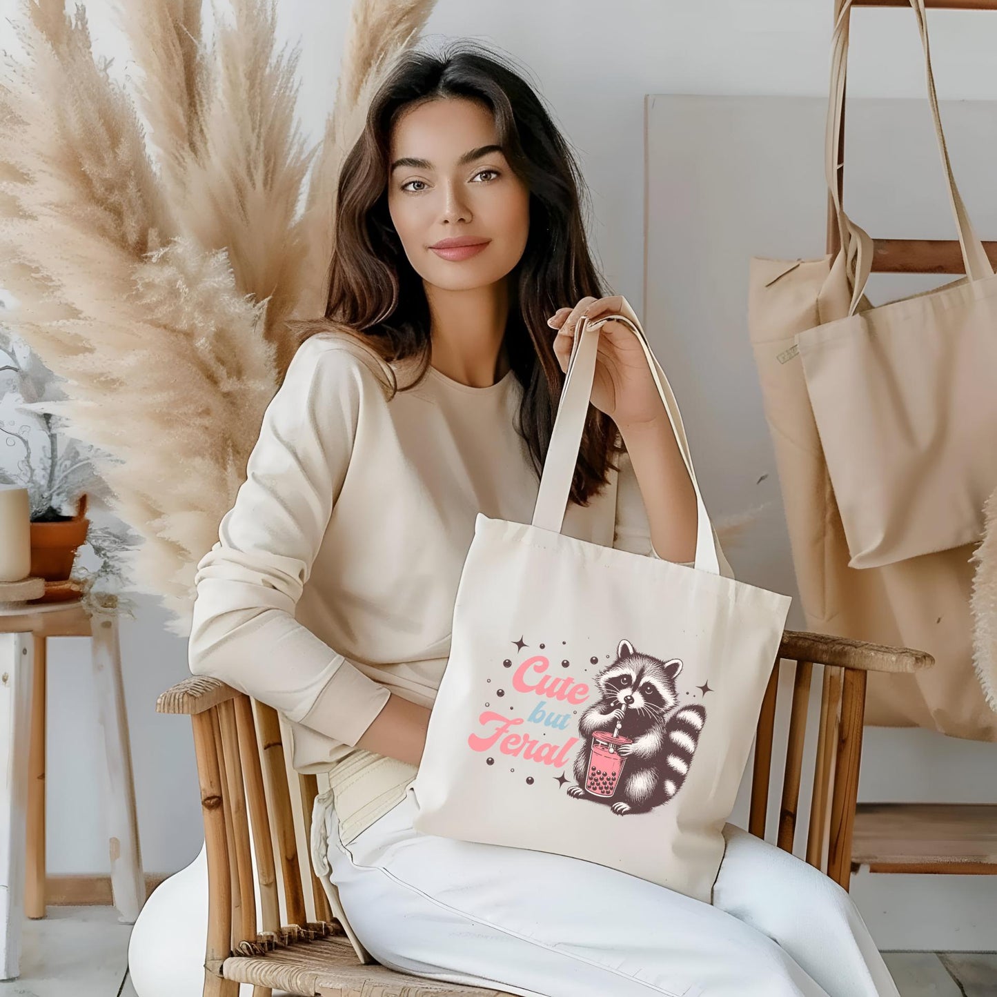 Cute But Feral Raccoon Boba Tea Tote Bag - Funny Animal Canvas Bag