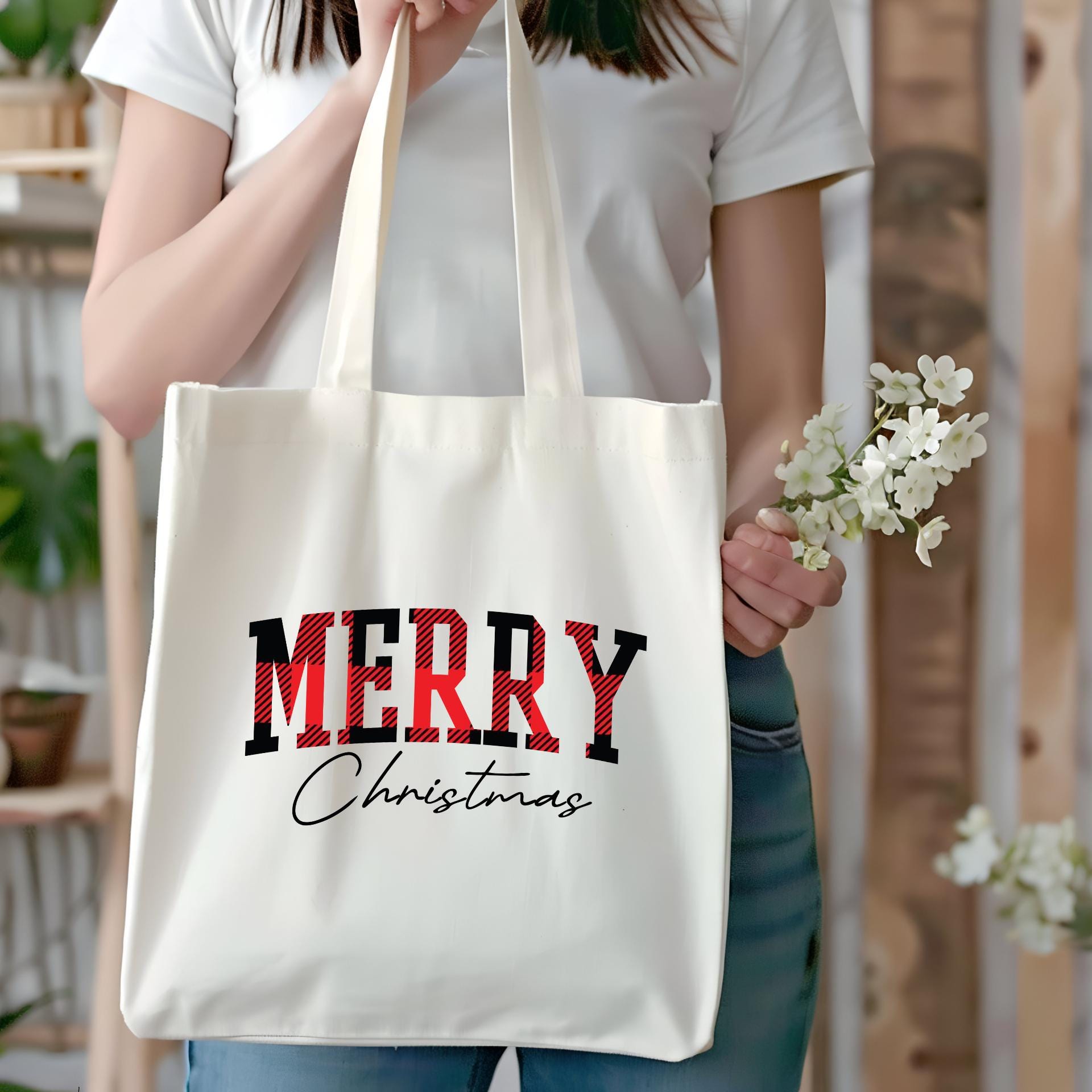 Merry Christmas Plaid Tote Bag - Festive Holiday Shopping Bag