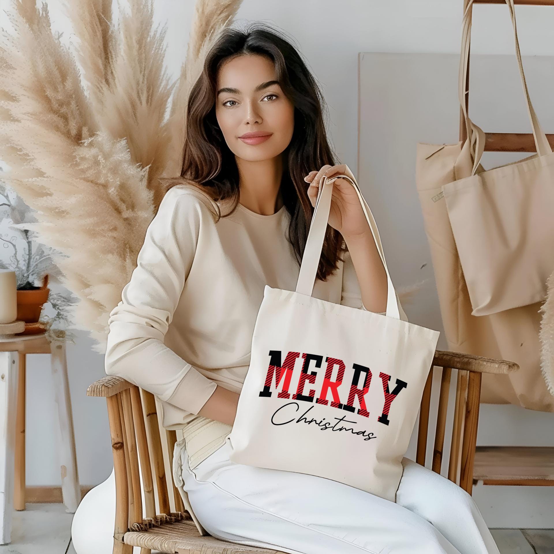Merry Christmas Plaid Tote Bag - Festive Holiday Shopping Bag
