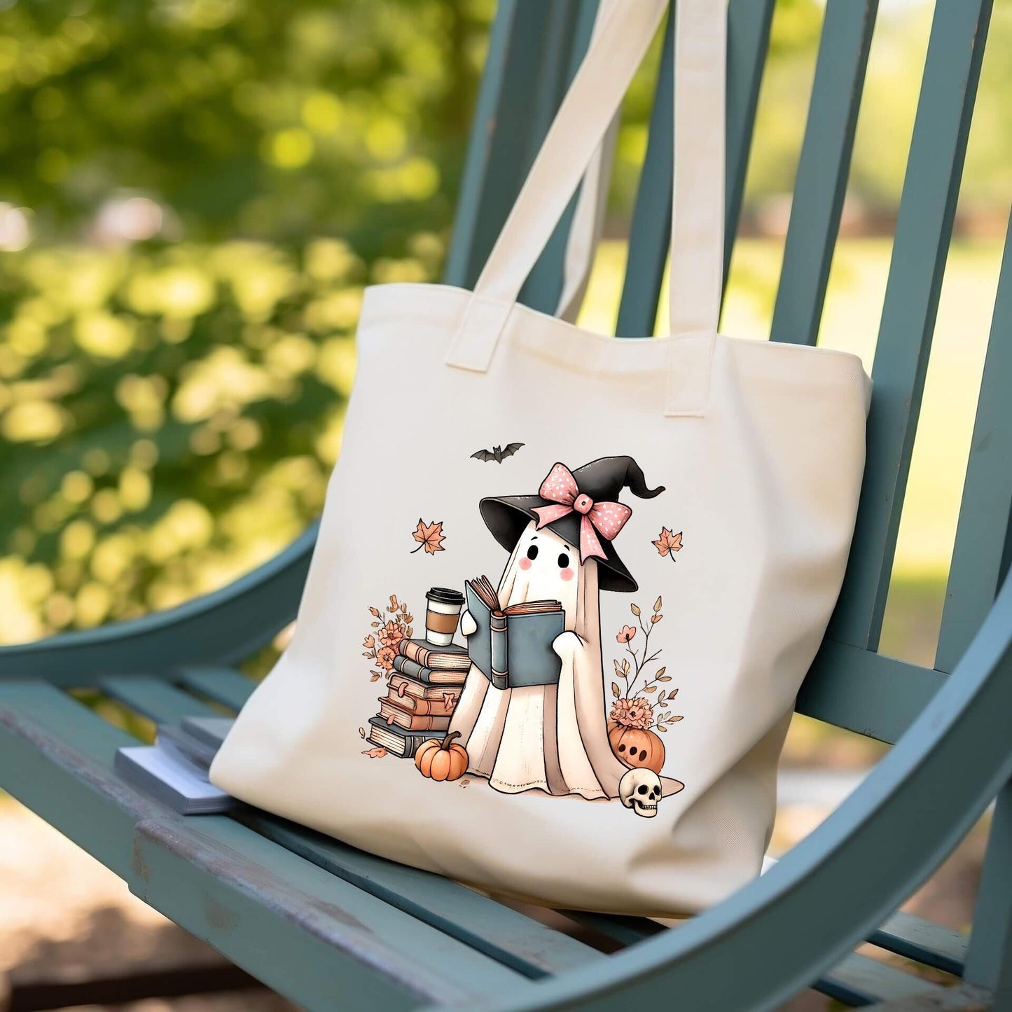 Cute Ghost Reading Halloween Tote Bag - Spooky Fall-Themed Tote