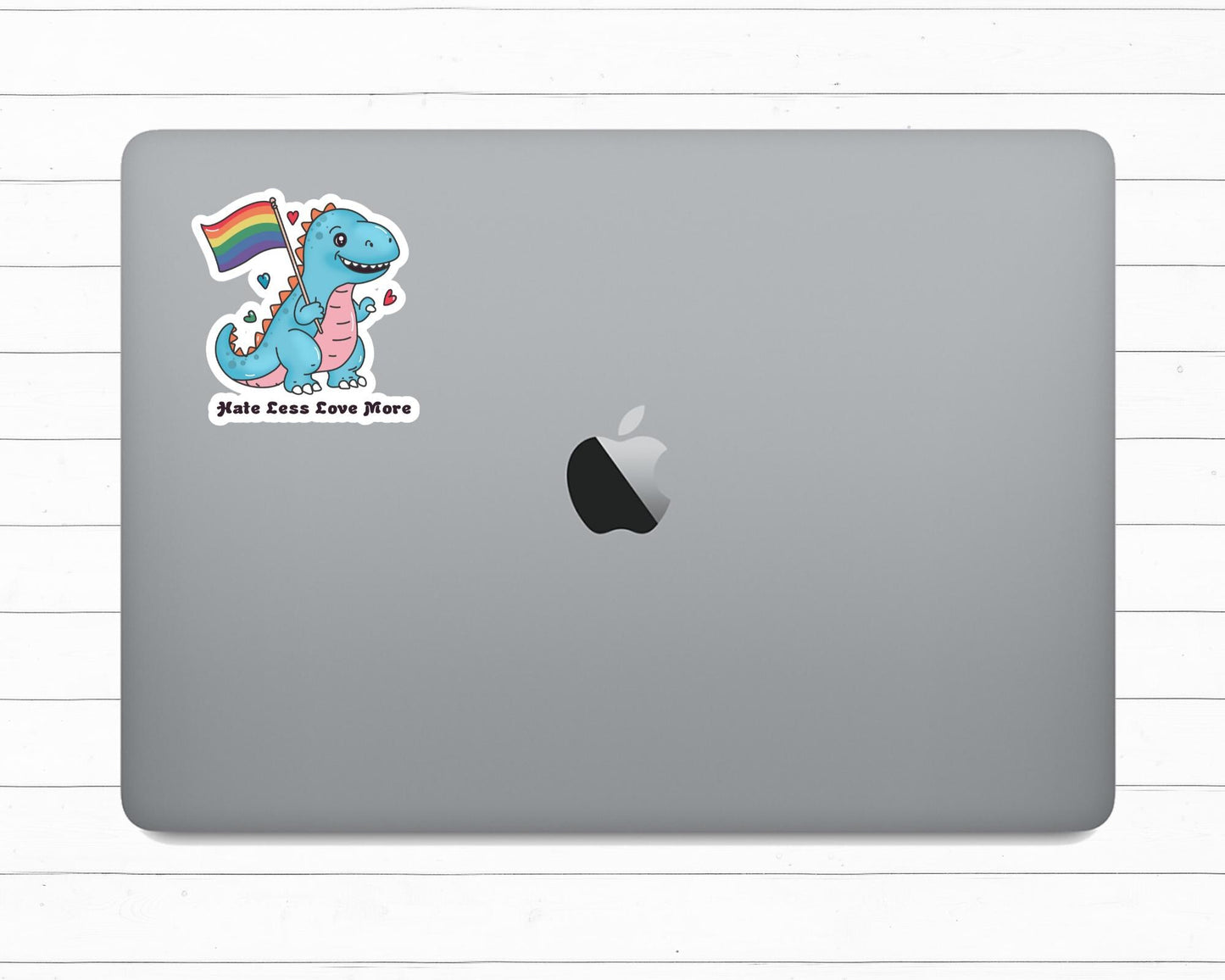 Hate Less, Love More LGBTQ+ Dino Vinyl Sticker | Cute Pride Dinosaur Sticker | Gift for Her | Gift for Him | Gift for Them | Pride Gift