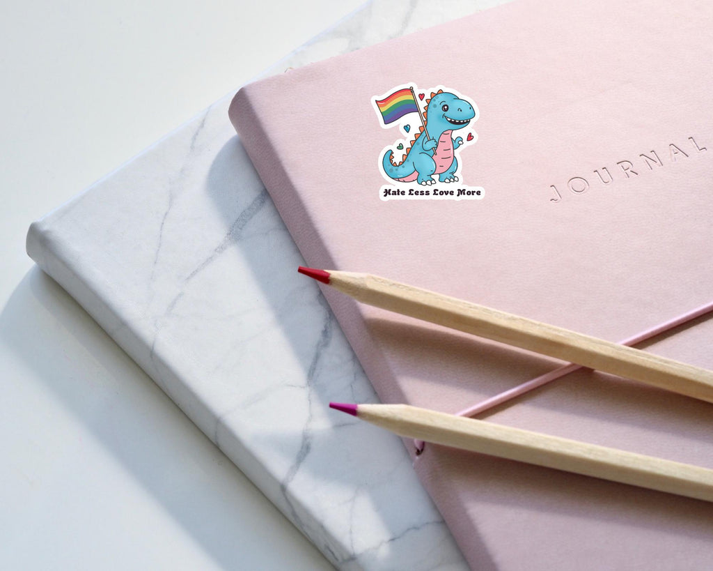 Hate Less, Love More LGBTQ+ Dino Sticker