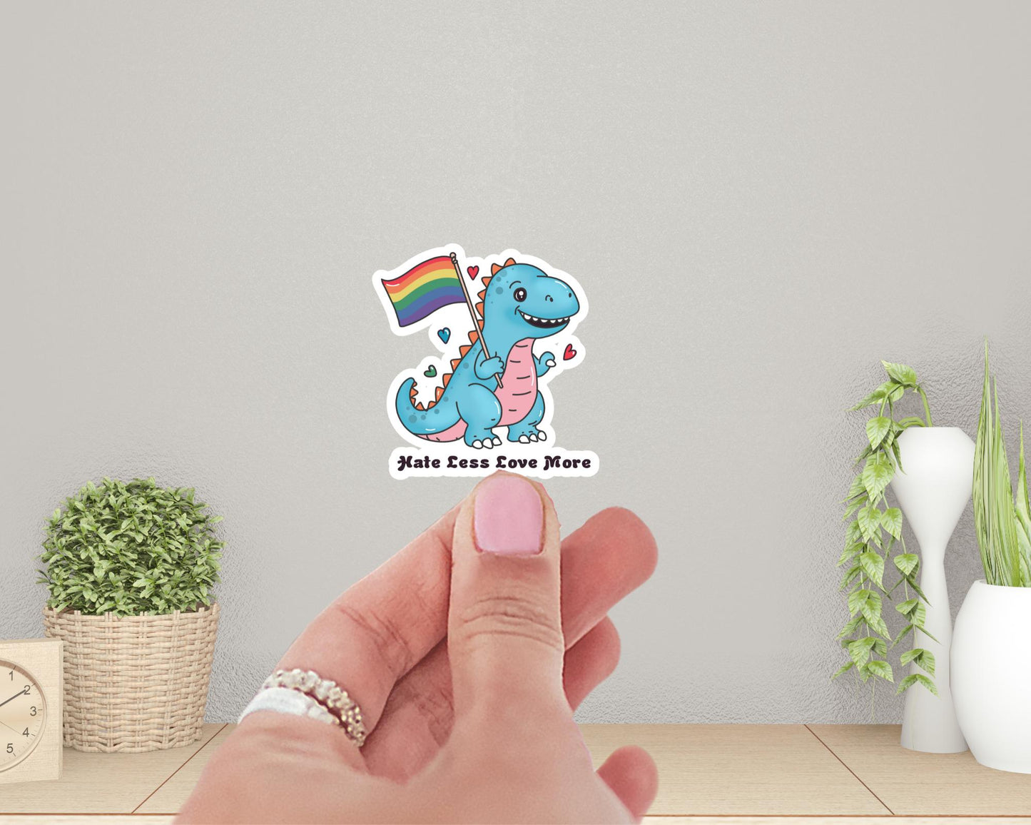 Hate Less, Love More LGBTQ+ Dino Vinyl Sticker | Cute Pride Dinosaur Sticker | Gift for Her | Gift for Him | Gift for Them | Pride Gift